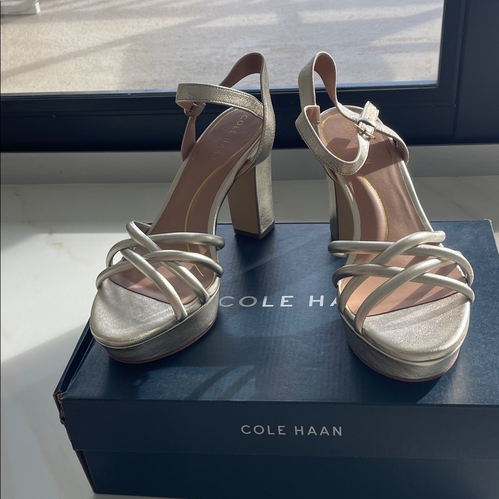 Cole Haan Metallic Silver Strappy Block Heel Sandals